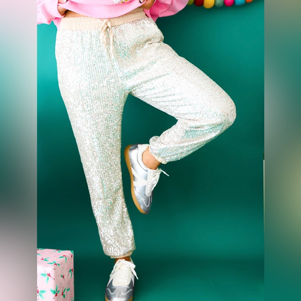 Main Strip Elastic Waistband champagne sequins joggers size medium drawstring